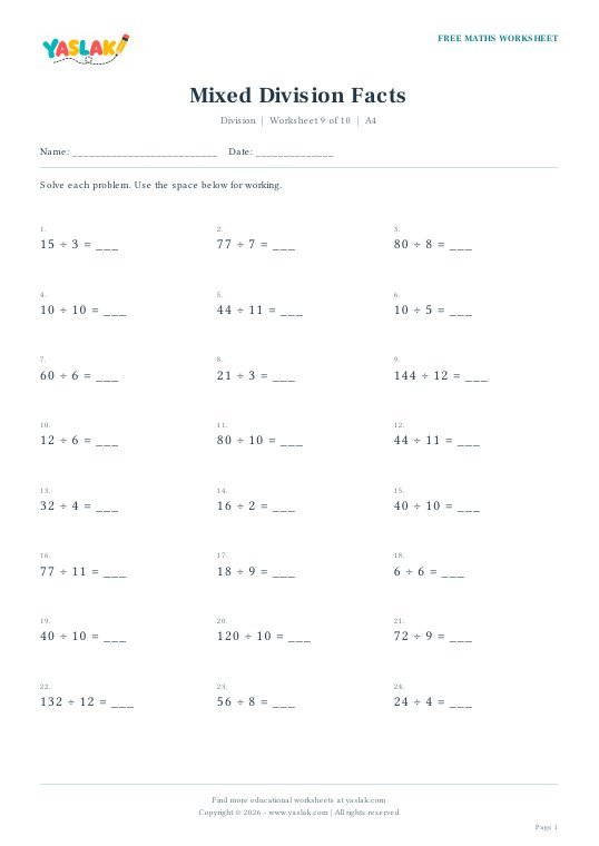 Mixed Division Facts worksheet preview with YASLAK logo