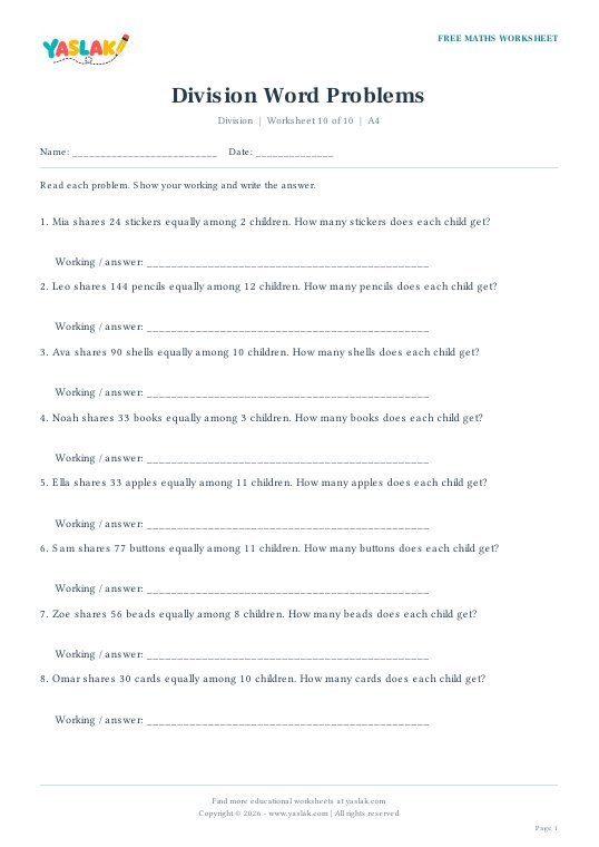 Division Word Problems worksheet preview with YASLAK logo