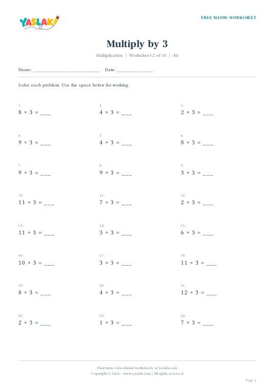Multiply by 3 worksheet preview with YASLAK logo