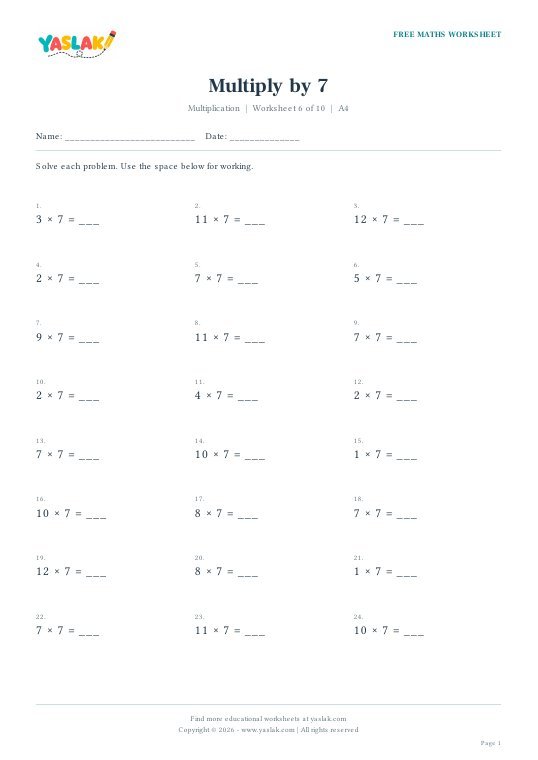 Multiply by 7 worksheet preview with YASLAK logo
