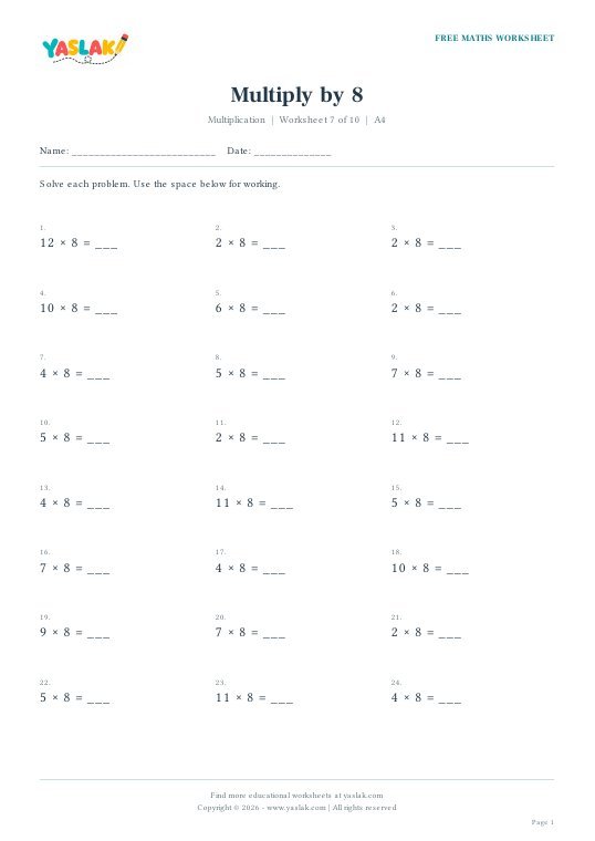 Multiply by 8 worksheet preview with YASLAK logo