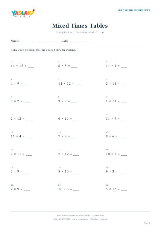 Mixed Times Tables worksheet preview with YASLAK logo