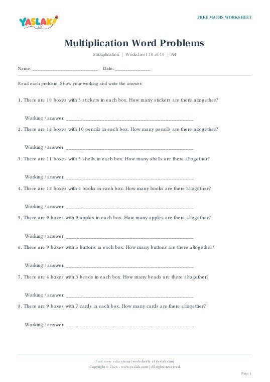 Multiplication Word Problems worksheet preview with YASLAK logo