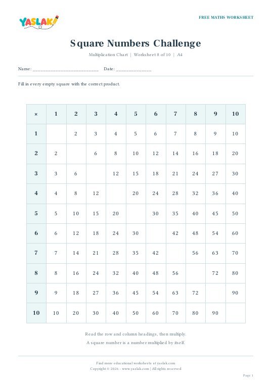 Square Numbers Challenge worksheet preview with YASLAK logo