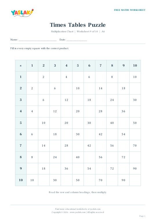 Times Tables Puzzle worksheet preview with YASLAK logo