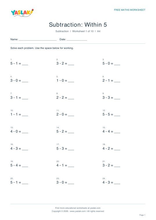 Subtraction: Within 5 worksheet preview with YASLAK logo