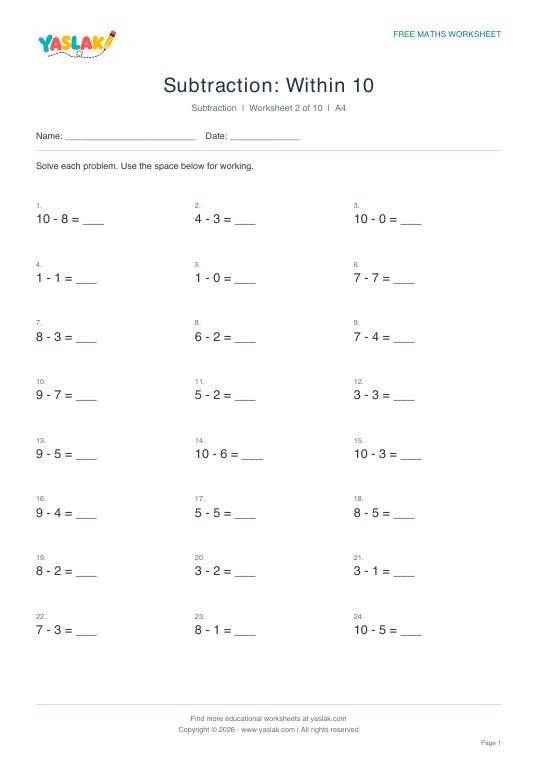 Subtraction: Within 10 worksheet preview with YASLAK logo