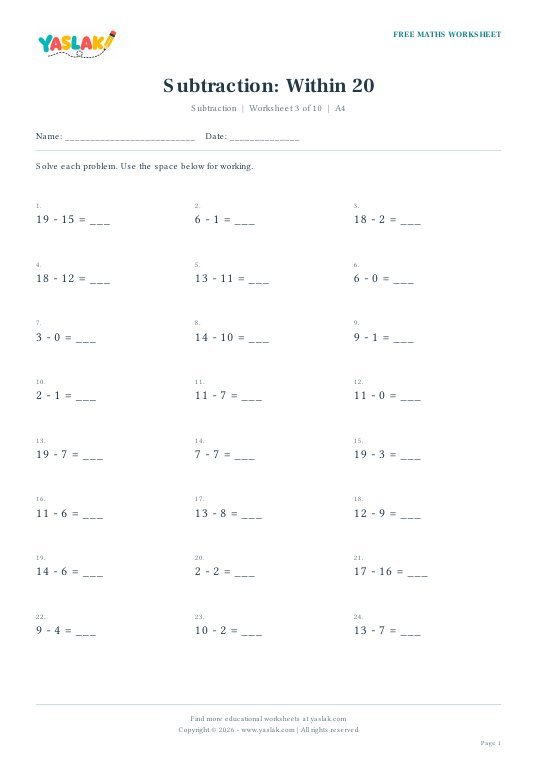 Subtraction: Within 20 worksheet preview with YASLAK logo