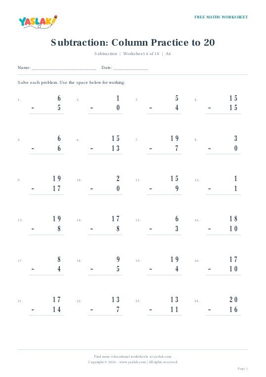 Subtraction: Column Practice to 20 worksheet preview with YASLAK logo