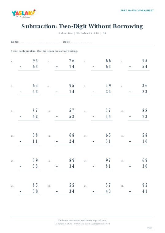 Subtraction: Two-Digit Without Borrowing worksheet preview with YASLAK logo