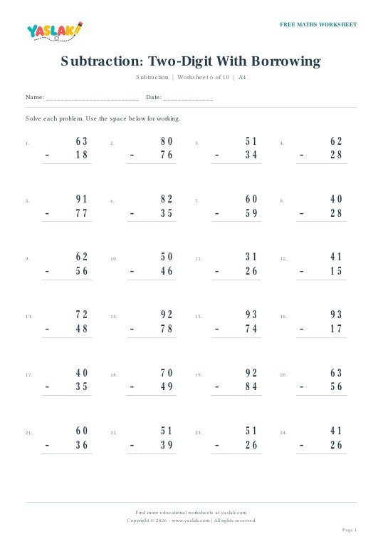 Subtraction: Two-Digit With Borrowing worksheet preview with YASLAK logo