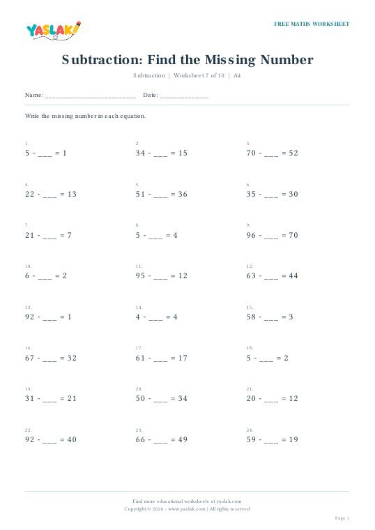 Subtraction: Find the Missing Number worksheet preview with YASLAK logo