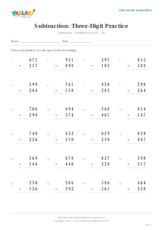 Subtraction: Three-Digit Practice worksheet preview with YASLAK logo