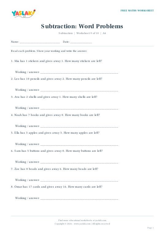 Subtraction: Word Problems worksheet preview with YASLAK logo