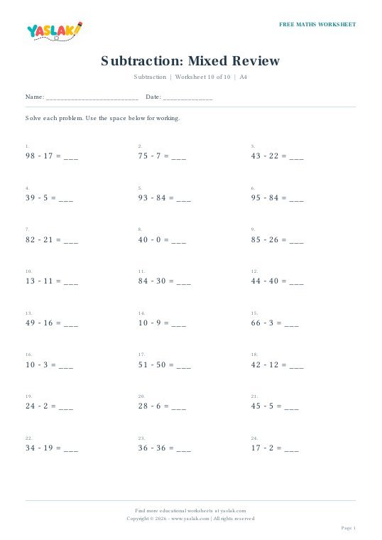 Subtraction: Mixed Review worksheet preview with YASLAK logo
