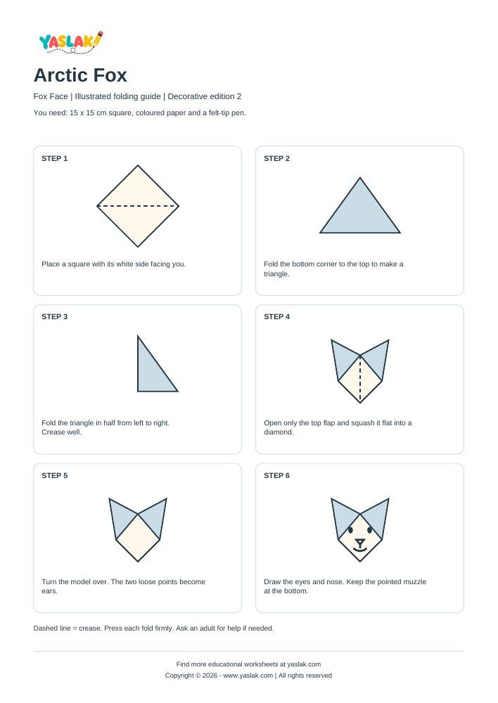 Arctic Fox Origami printable worksheet with YASLAK logo and copyright