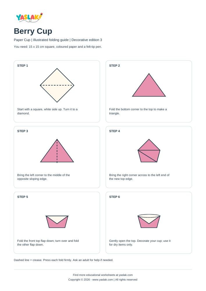 Berry Cup Origami printable worksheet with YASLAK logo and copyright