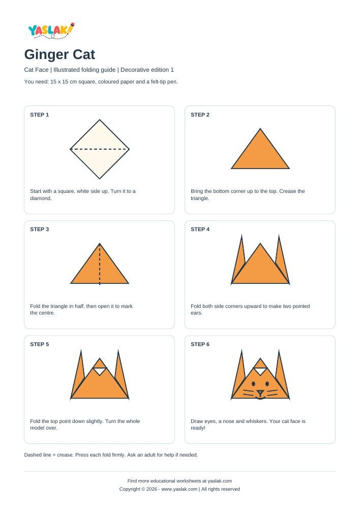 Ginger Cat Origami printable worksheet with YASLAK logo and copyright