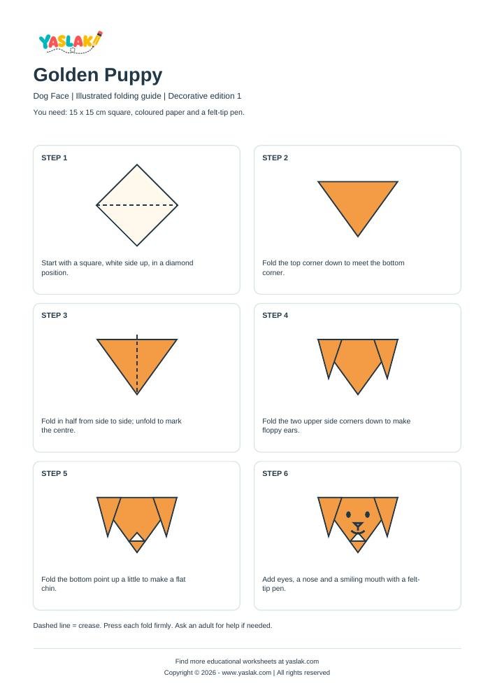 Golden Puppy Origami printable worksheet with YASLAK logo and copyright