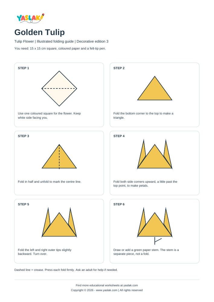 Golden Tulip Origami printable worksheet with YASLAK logo and copyright