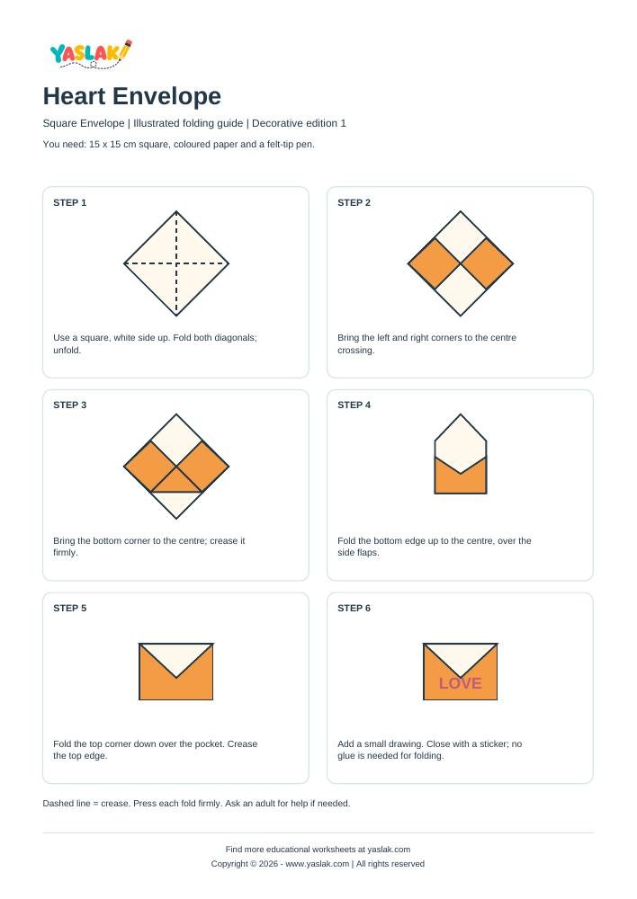 Heart Envelope Origami printable worksheet with YASLAK logo and copyright