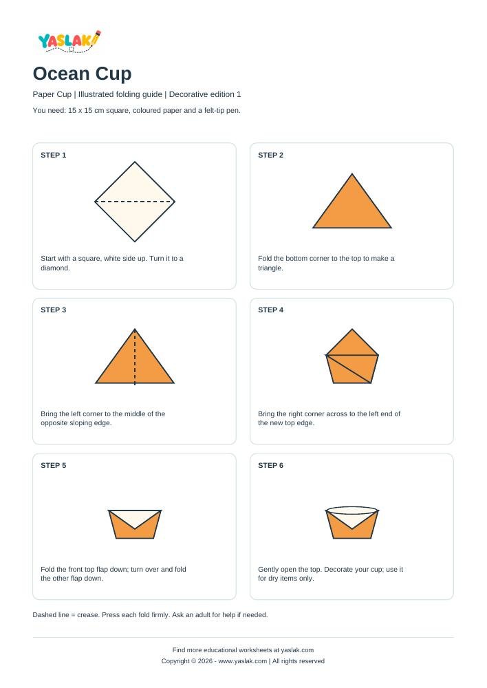Ocean Cup Origami printable worksheet with YASLAK logo and copyright