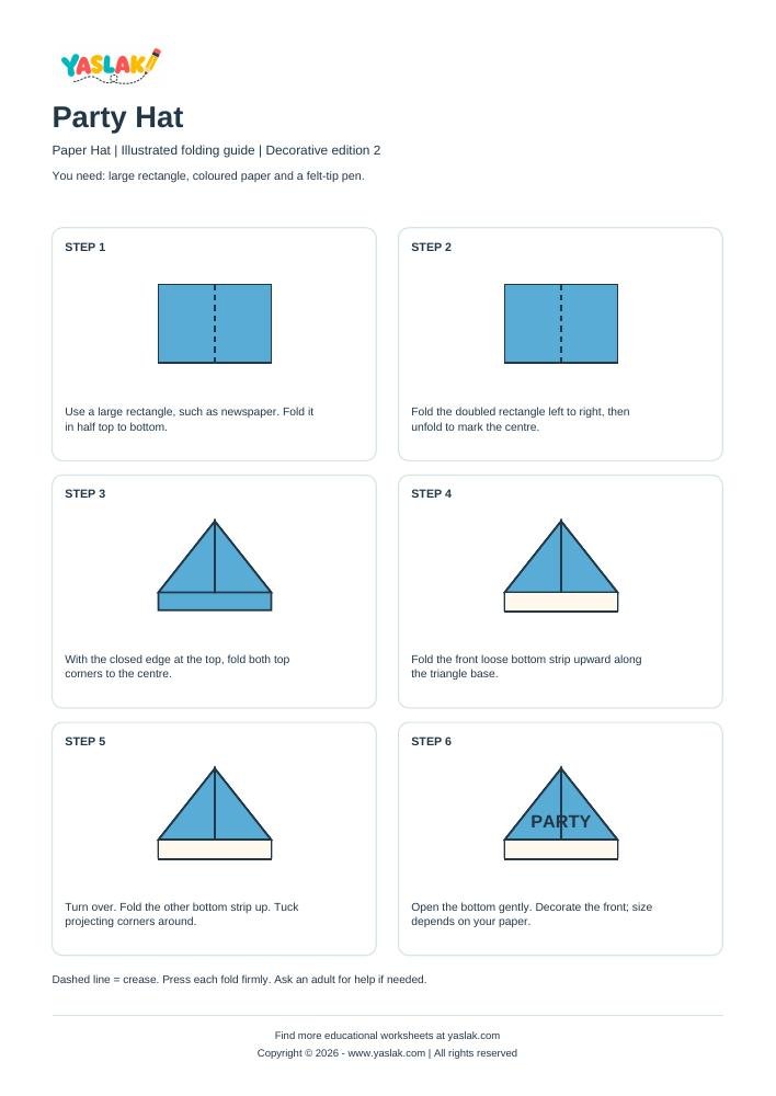 Party Hat Origami printable worksheet with YASLAK logo and copyright