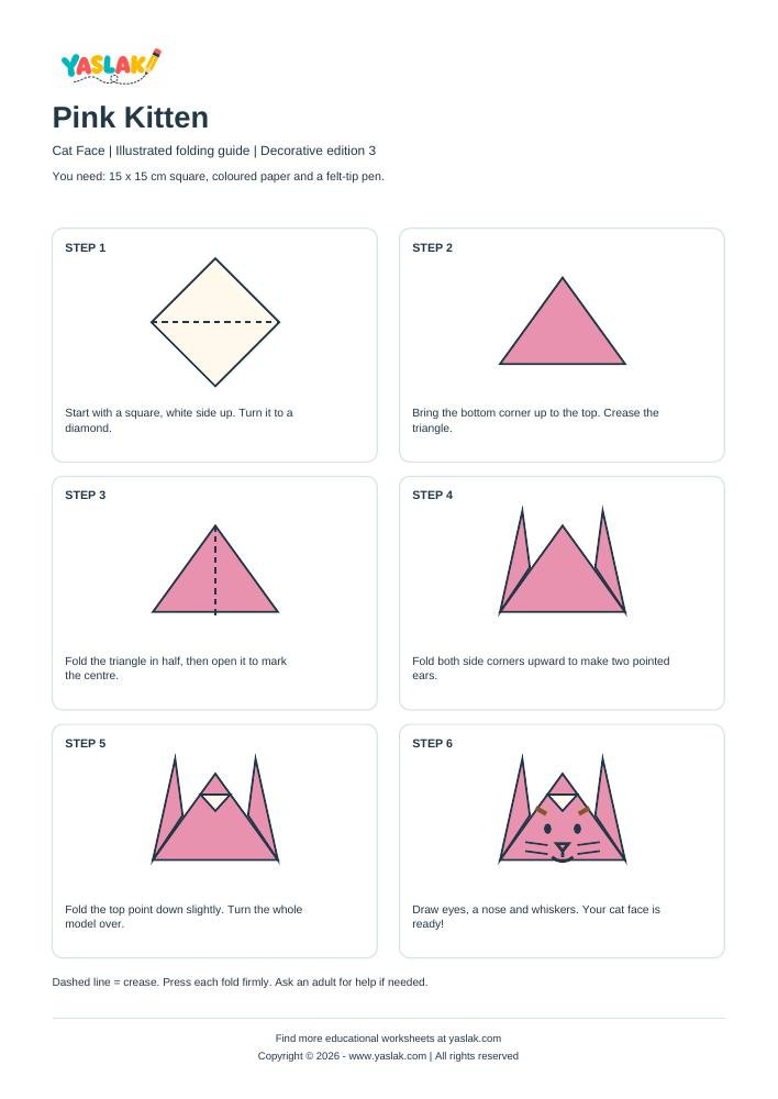 Pink Kitten Origami printable worksheet with YASLAK logo and copyright