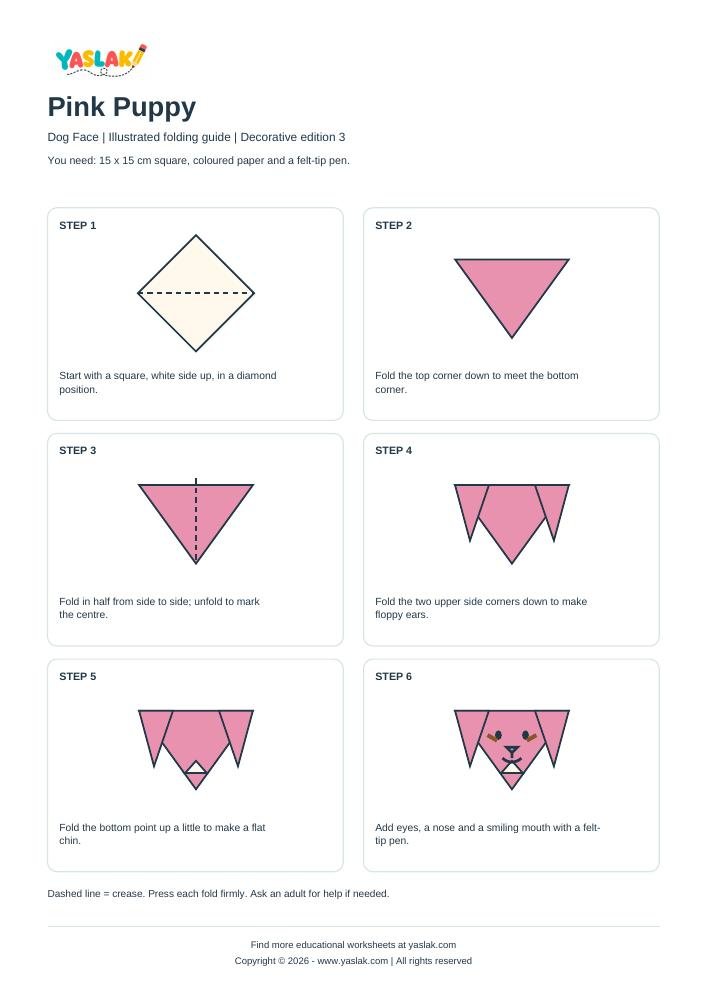 Pink Puppy Origami printable worksheet with YASLAK logo and copyright