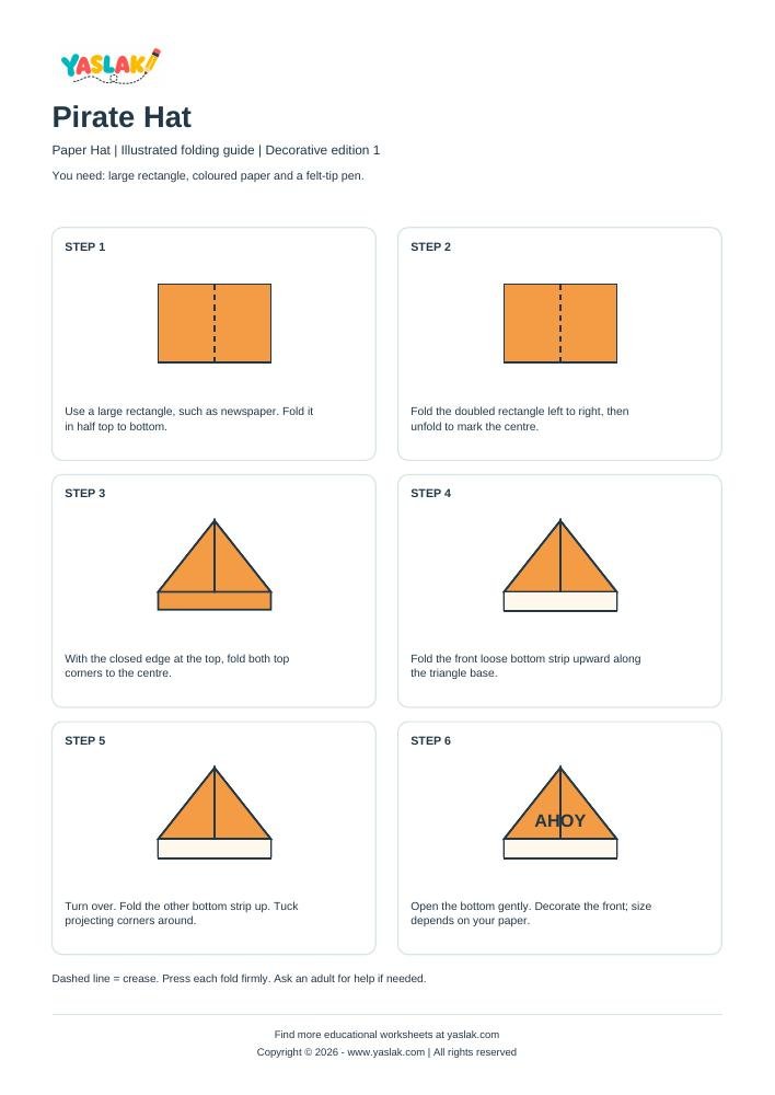 Pirate Hat Origami printable worksheet with YASLAK logo and copyright