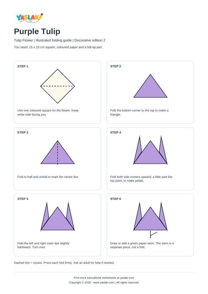 Purple Tulip Origami printable worksheet with YASLAK logo and copyright