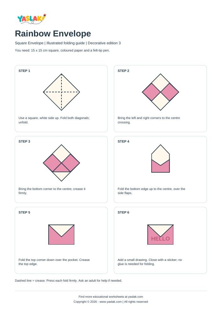 Rainbow Envelope Origami printable worksheet with YASLAK logo and copyright