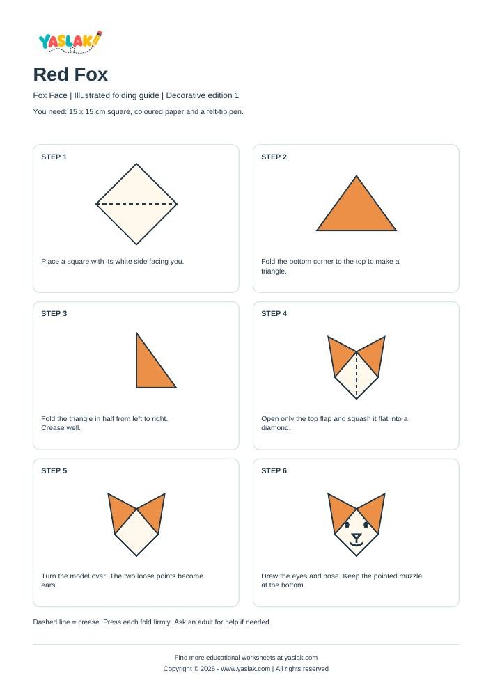 Red Fox Origami printable worksheet with YASLAK logo and copyright
