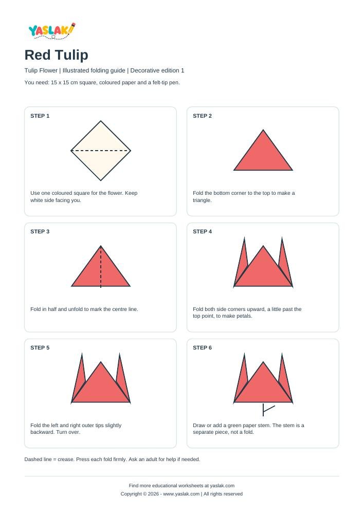 Red Tulip Origami printable worksheet with YASLAK logo and copyright