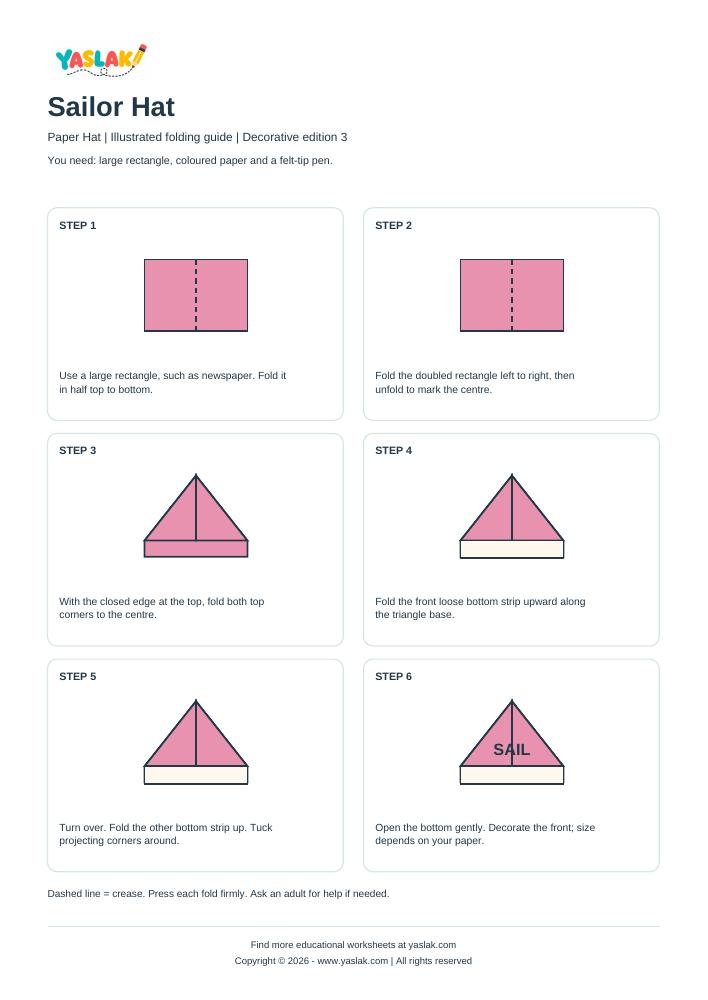Sailor Hat Origami printable worksheet with YASLAK logo and copyright