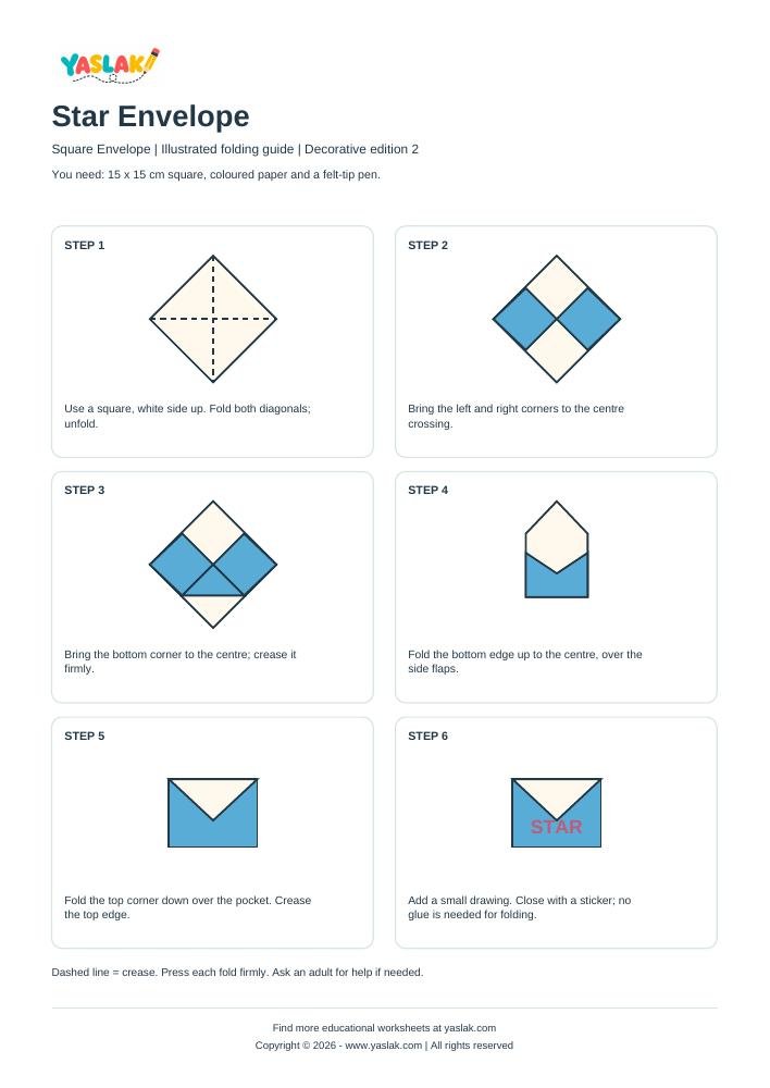 Star Envelope Origami printable worksheet with YASLAK logo and copyright