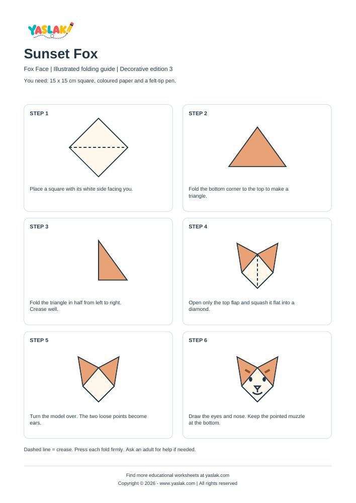 Sunset Fox Origami printable worksheet with YASLAK logo and copyright