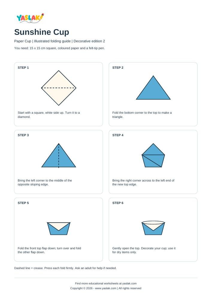 Sunshine Cup Origami printable worksheet with YASLAK logo and copyright