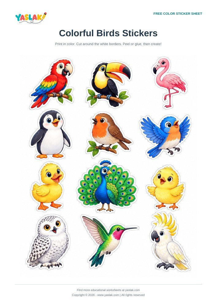 Colorful Birds Stickers colorful printable sheet with YASLAK logo and copyright