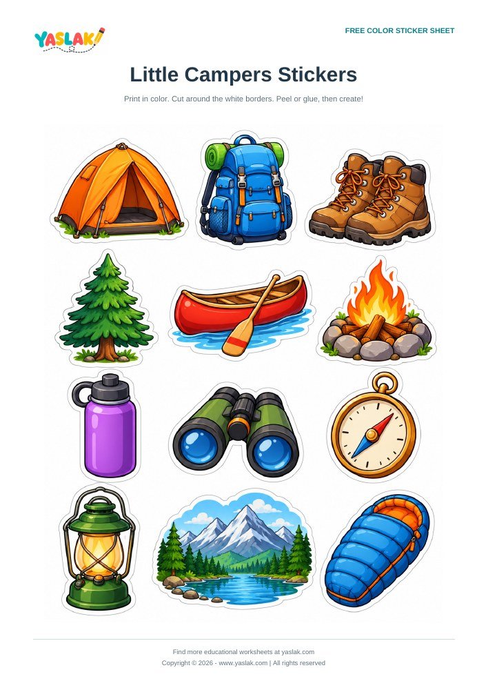 Little Campers Stickers colorful printable sheet with YASLAK logo and copyright