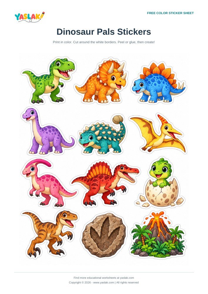 Dinosaur Pals Stickers colorful printable sheet with YASLAK logo and copyright