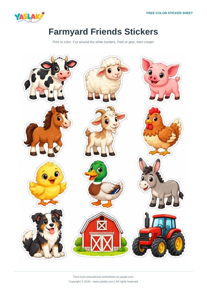 Farmyard Friends Stickers colorful printable sheet with YASLAK logo and copyright