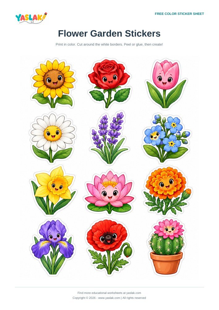 Flower Garden Stickers colorful printable sheet with YASLAK logo and copyright