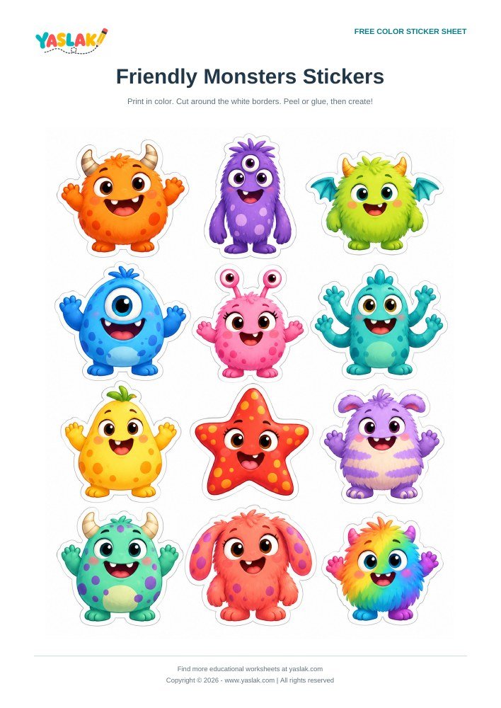 Friendly Monsters Stickers colorful printable sheet with YASLAK logo and copyright