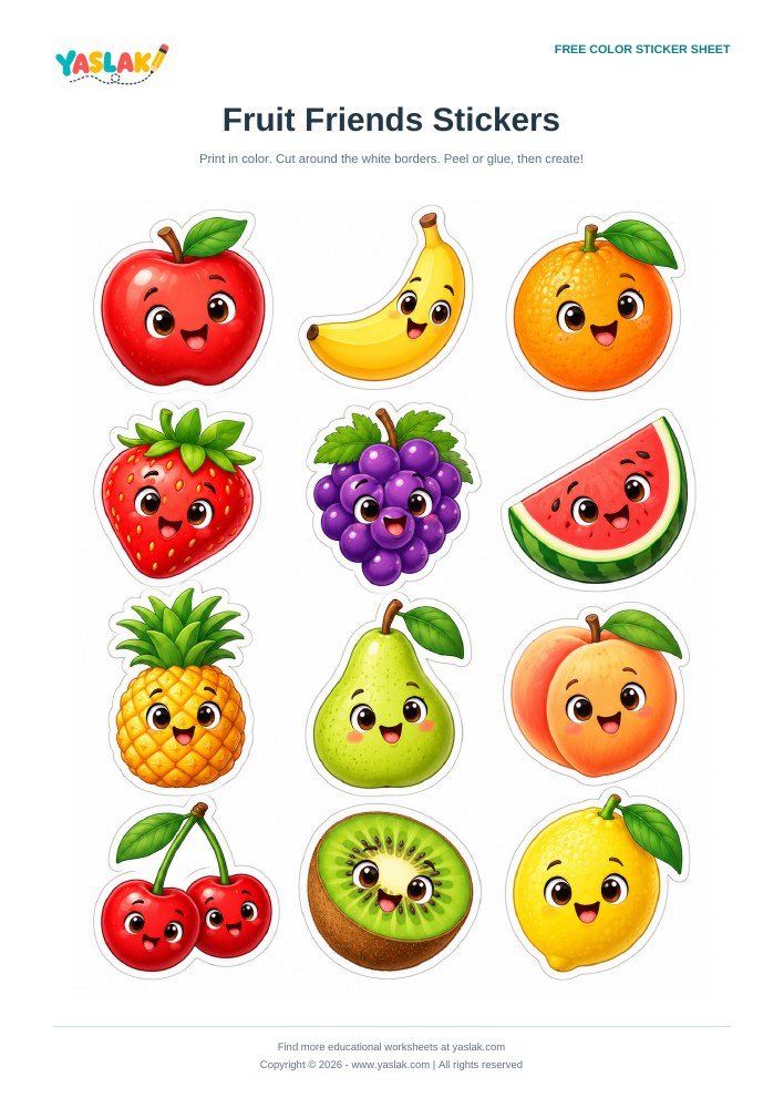 Fruit Friends Stickers colorful printable sheet with YASLAK logo and copyright