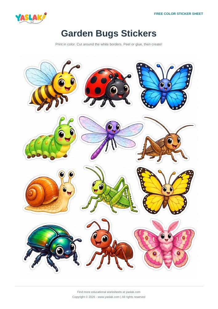 Garden Bugs Stickers colorful printable sheet with YASLAK logo and copyright