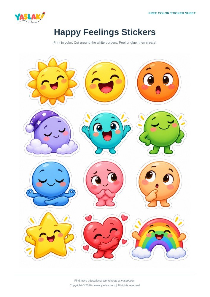 Happy Feelings Stickers colorful printable sheet with YASLAK logo and copyright