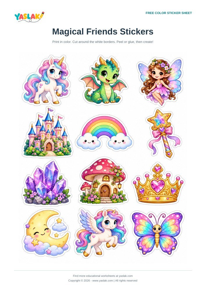 Magical Friends Stickers colorful printable sheet with YASLAK logo and copyright