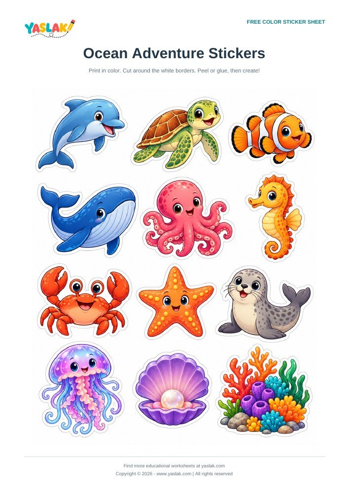Ocean Adventure Stickers colorful printable sheet with YASLAK logo and copyright