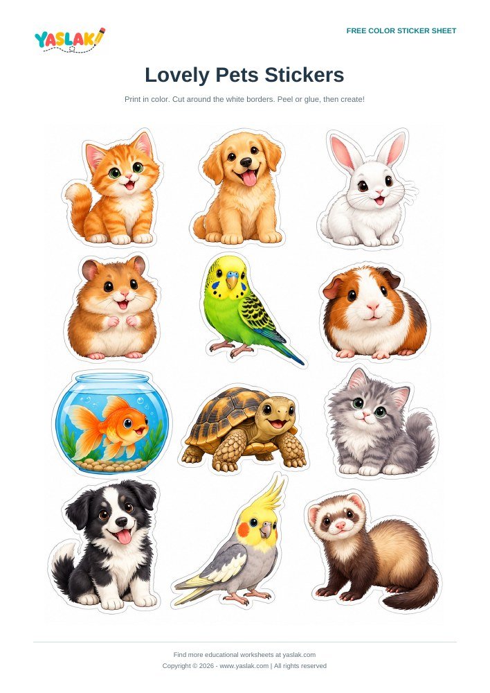 Lovely Pets Stickers colorful printable sheet with YASLAK logo and copyright